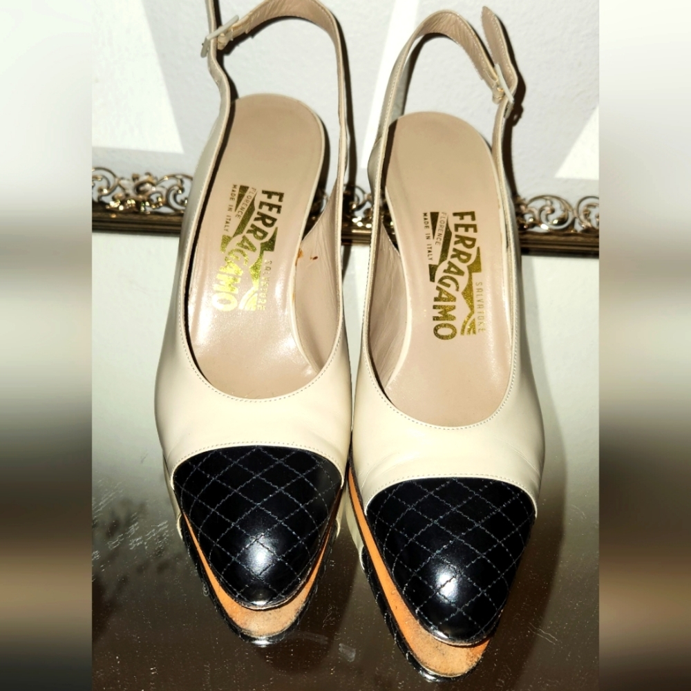 Ferragamo cream and Black sling backs.